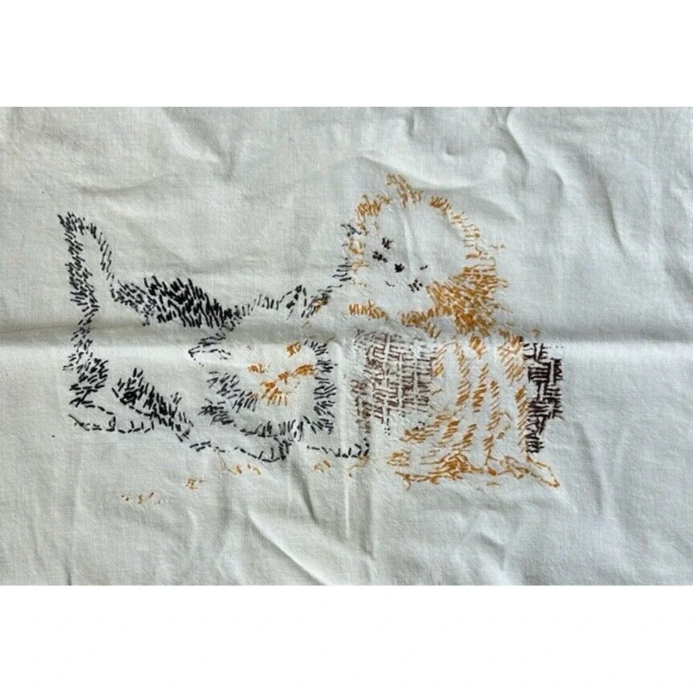 Vintage Folky Hand Stitched Embroidered Kitten Cottage core Antique Pillow Case‎